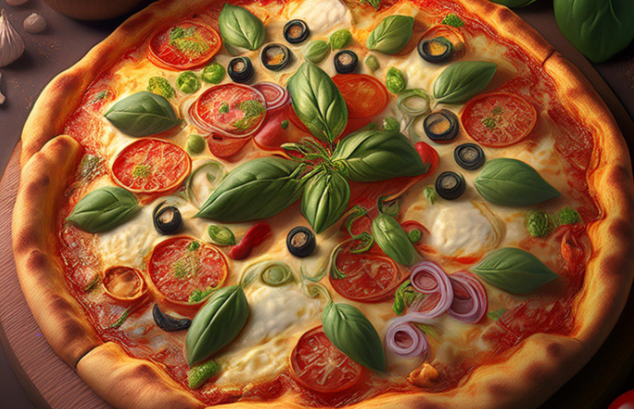   Pizza with ingredients around the cooked pizza