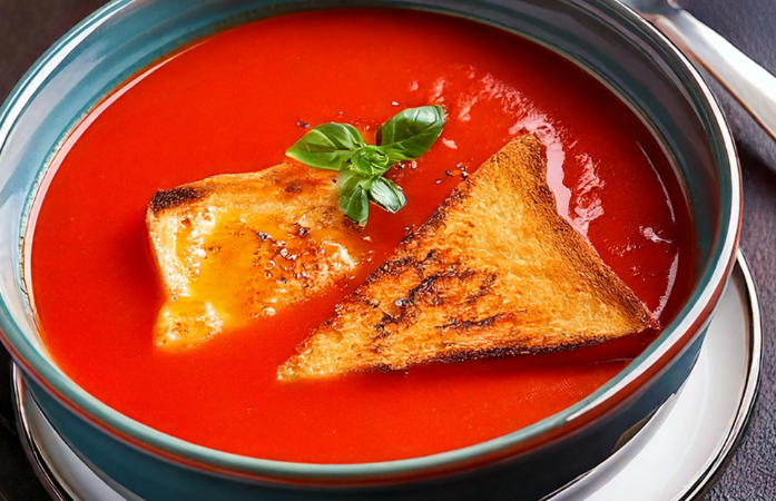   A bowl of tomato soup with grilled cheese on top