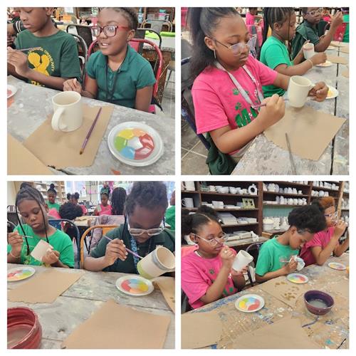 A collage of Mann Girls Matter students painting clay mugs
