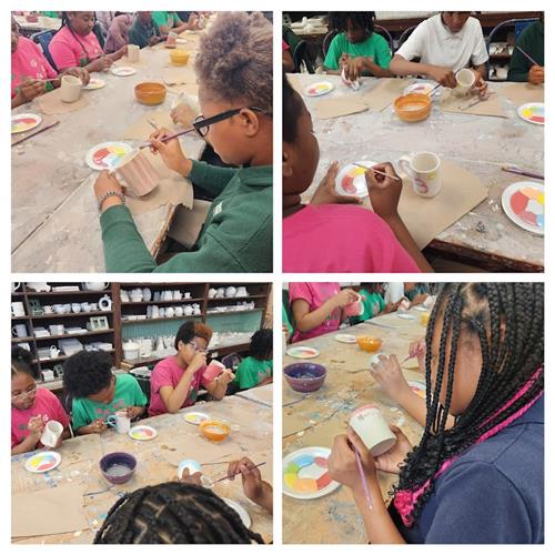 A collage of Mann Girls Matter students painting clay mugs