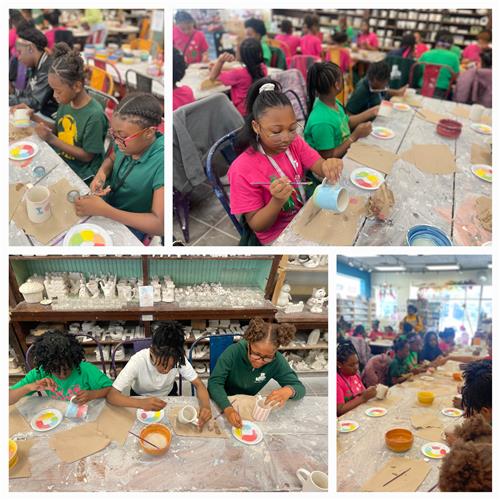 A collage of Mann Girls Matter students painting clay mugs