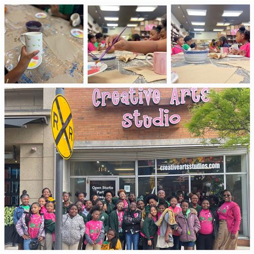A collage of Mann Girls Matter students painting clay mugs and the group posing for a picture outside of creative arts studio