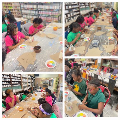 A collage of Mann Girls Matter students painting clay mugs