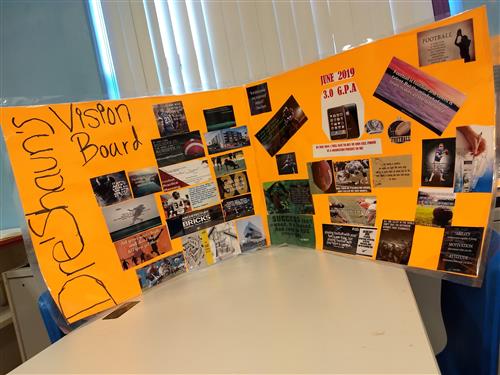 orange poster board with pictures 