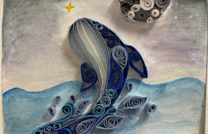 wale jumping out of the water art project using blue watercolor and paper