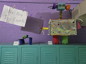 Handmade toys sitting on a locker