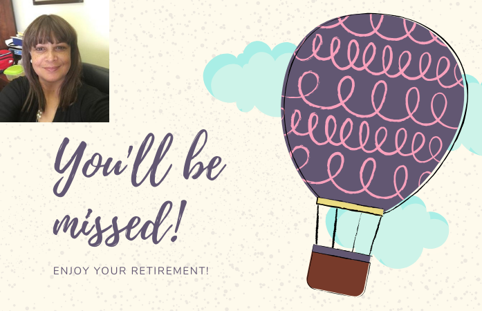  hot air balloon and text saying you will be missed, and happy retirement