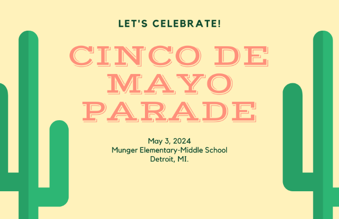  Two cactus plants on each side with Cinco de mayo parade  
