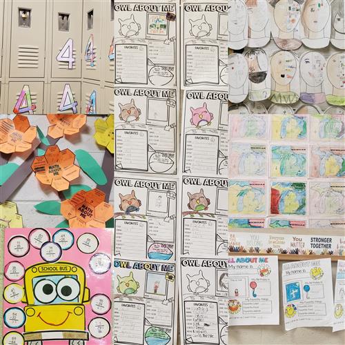 Images of student work samples apple school bus flowers