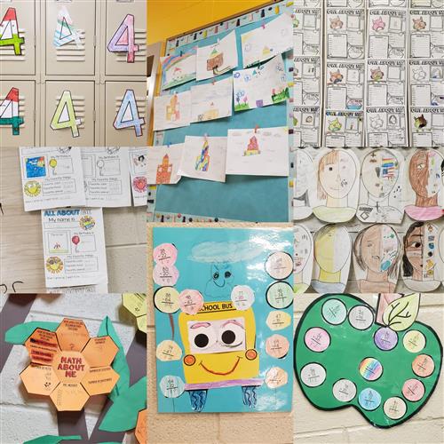 Images of student work samples apple school bus flowers