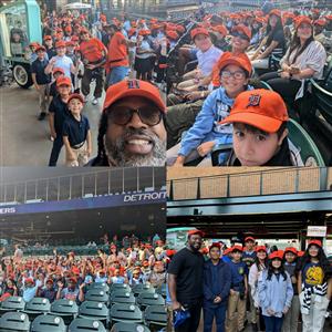 Images captured from baseball game line of students entering the park in baseball hats and photos