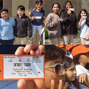 Images captured from baseball game students posing and ticket stub