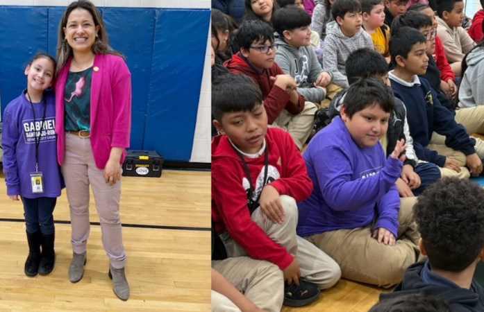  Students and city council member during recylcling assembly