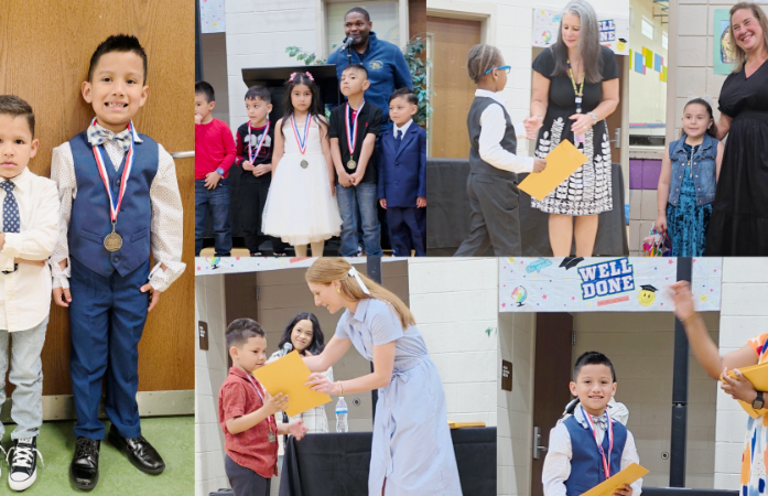  Students recieving certificates and celebrating graduation with peers and teachers
