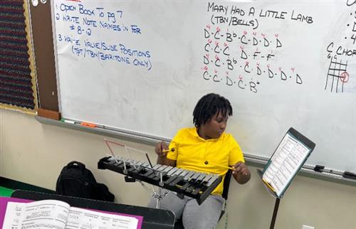 Middle school boy playing xylophone.