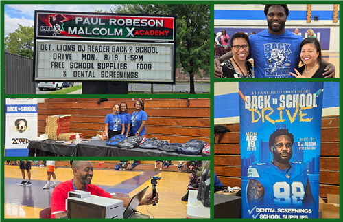 collage of D.J. Readers, staff, volunteers, and the school sign