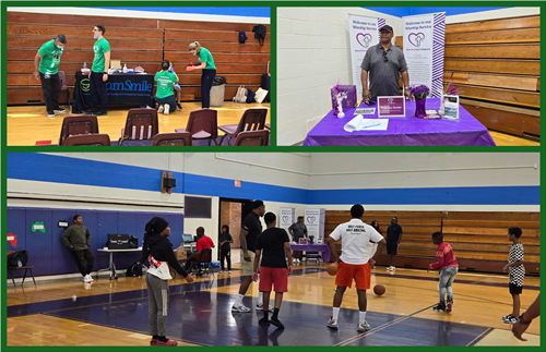 collage of  students getting dental exams, partnership table and basketball game