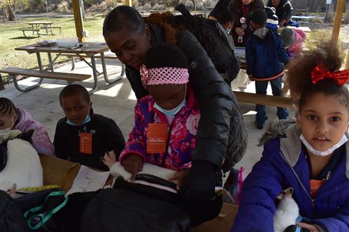  Teacher and students taking measurements of stuffed penguins at a table.
