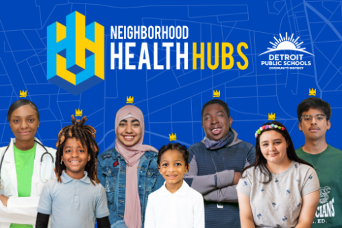  Image of students standing in front of the Tell the Heath Hub backdrop