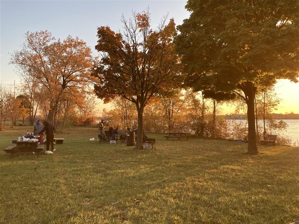  Outdoor photo showing fall colors and students sitting at a picnic table in the distance