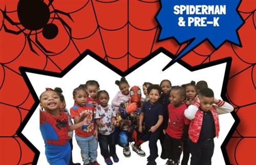  PreK students posing for a picture with Spider-Man