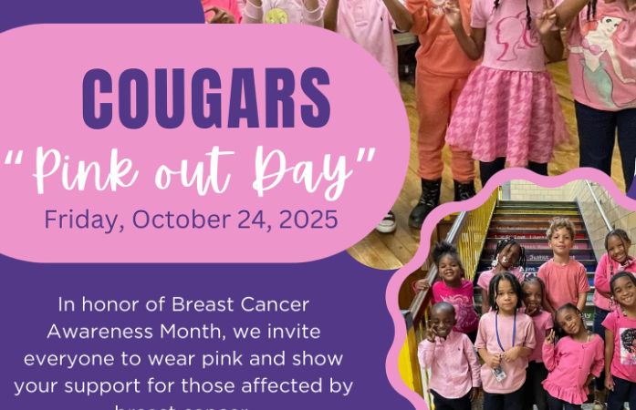 staff and students dressed in pink for pink out day