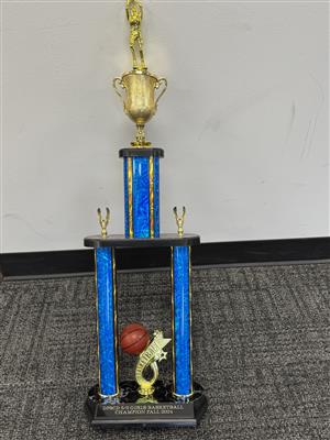 A blue and gold trophy
