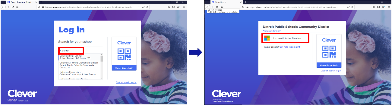 Screenshots of Clever Log in screens 