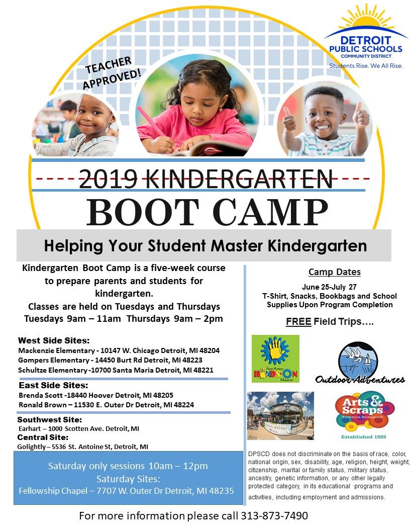 Flyer for Kindergarten bootcamp with students reading and doing class work