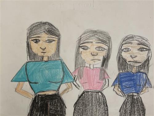 A drawing of three girls