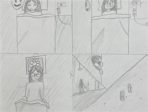 A drawing of a girl in bed waking up from a nightmare