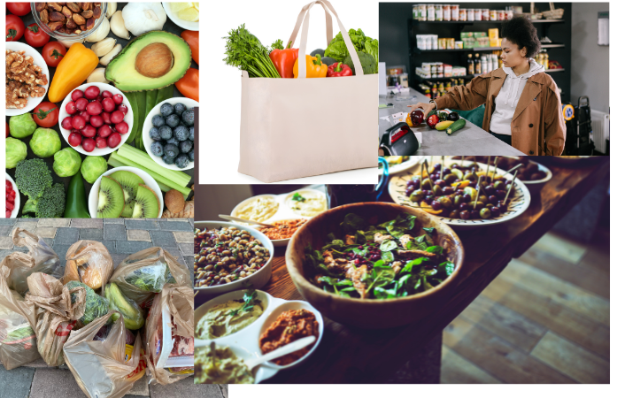  different kinds of food at a table and in bags