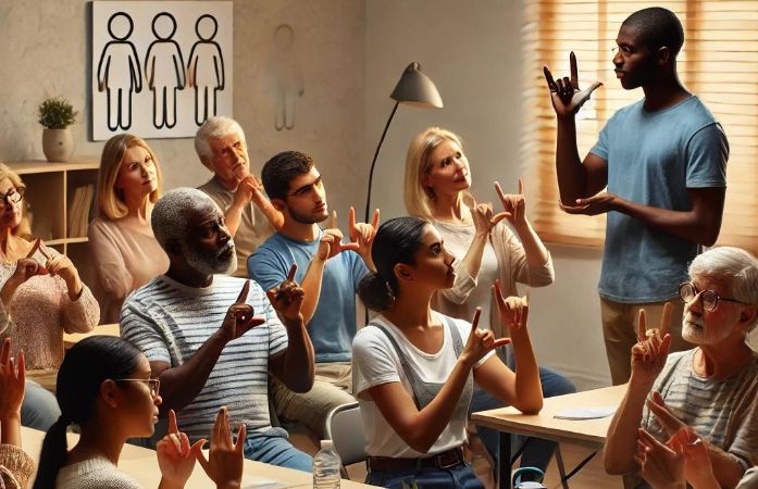  Adults in a classroom with desks using American Sign Language (ASL)