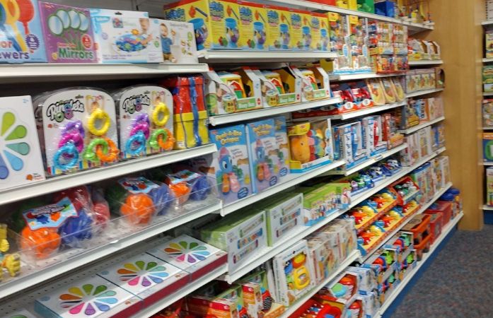  Toy store shelves with toys