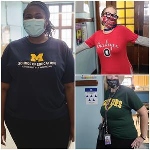 Teachers show off their college shirts