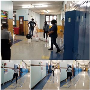 Students bowling and playing hopscotch 