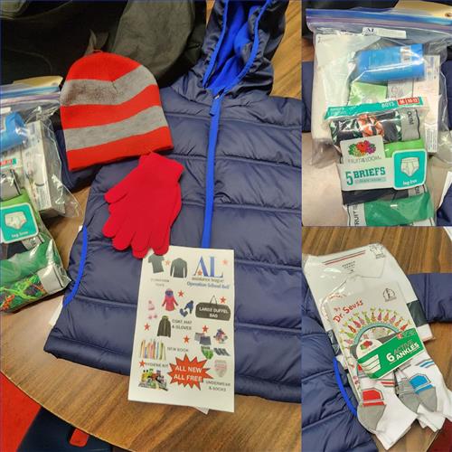 Coat, hat, and gloves  Large duffle bag 2 uniform shirt  Hygiene kit Socks & underwear