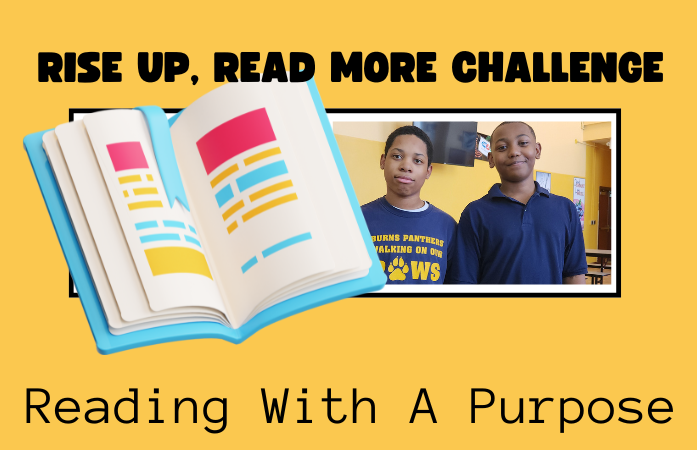  Two students standing looking at the camera with an animated book on the side of them