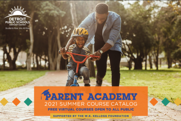 cover of summer parent academy catalog with father teacher son how to ride a bike