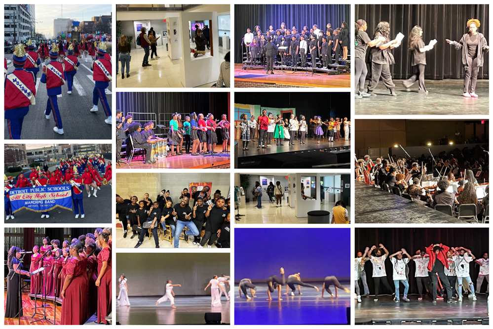  collage of students performing music, dance, and visual art