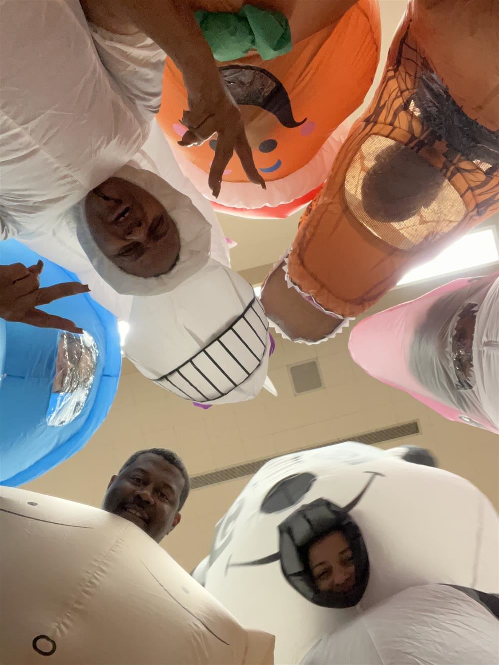  7 individuals dressed in inflatable costumes