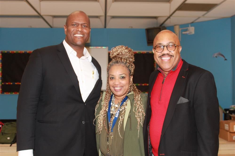  State Rep. Joe Tate, Asst. Principal Harris and Robert Jones pose for a picture.
