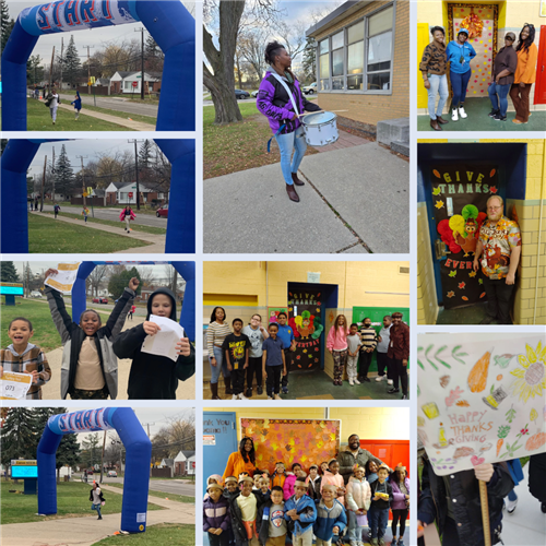 Thanksgiving collage featuring door decorating, Turkey Trot, and Thanksgiving Parade
