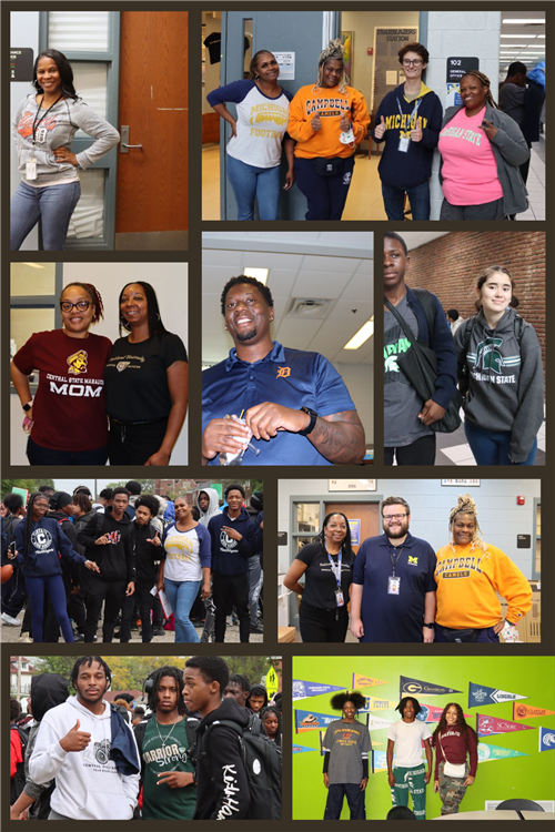Students and staff wearing college attirering college shirts