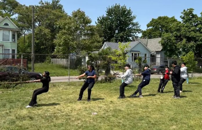  students playing tug-of-war