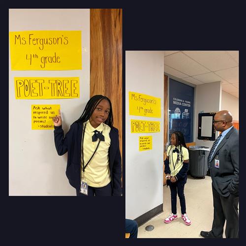 student pointing at sign that says Ms. Fergusons's 4th grade poet-tree