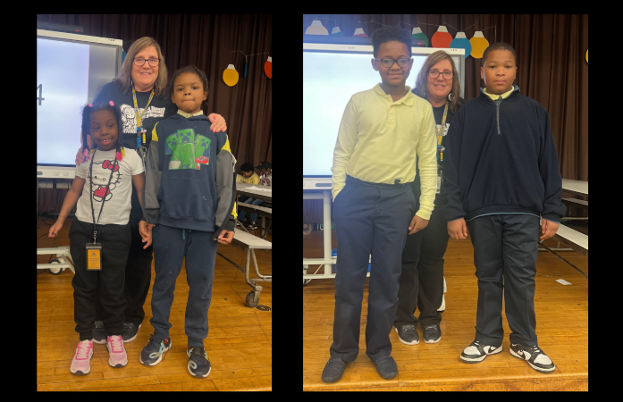 collage of two pictures of math 1st-2nd and 3rd-5th grade bee winners standing with math teacher