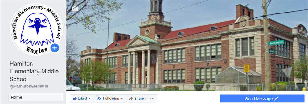 facebook welcome banner, hamilton logo and building of hamilton 