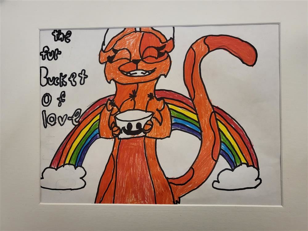  student drawing of a smiling animal with a rainbow colored
