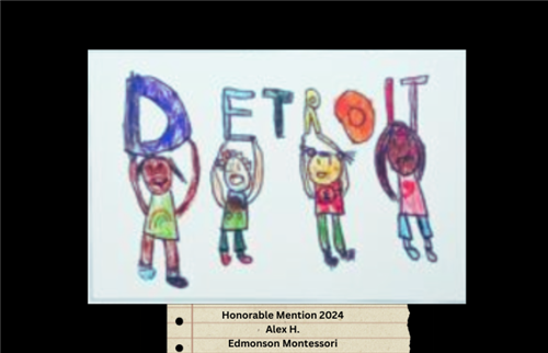 Colorful photos of kids holding up letters spelling Detroit